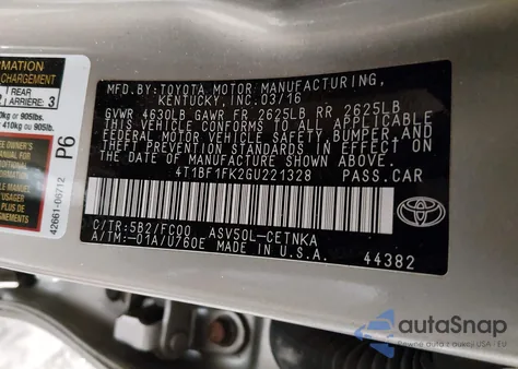 2016 Toyota Camry Le z USA, uszkodzony, nr VIN 4T1BF1FK2GU221328